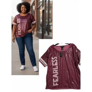 ASHLEY STEWART NWT Short Sleeve "Fearless" Sequin Shirt *Sangria 3X